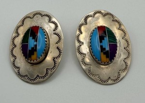Sterling Southwestern-Style Multicolor Inlay Oval Post Earrings