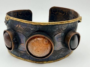 Ornate Textured Metal Open-Cuff Bracelet With Cabochon Embellishments