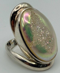 Sterling Silver Iridescent Cabochon Statement Ring Size 8