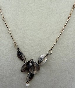 Sterling Textured Leaf Pendant Necklace With White Bead Accent