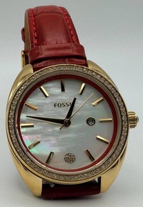 Fossil Gold-Tone Mother-of-Pearl Watch With Red Leather Strap