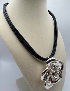 Sterling Sculptural Floral Pendant Necklace With Multi-Strand Black Cord