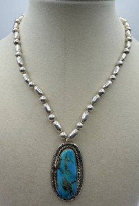 Sterling Beaded Necklace With Blue Turquoise-Style Pendant