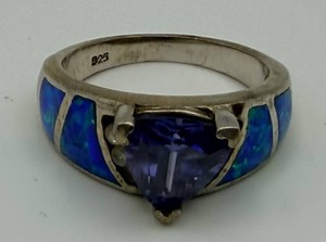 Sterling Silver Blue Inlay Ring With Purple Stone Size 6