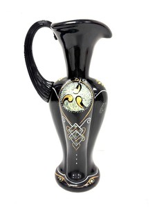 Excellent Hand painted FENTON Black Glass Ewer  Vase - Signed B. Huggins