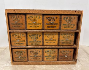 Vintage Folk Art Multi Drawer Cabinet wSweet Girl Cheese Boxes