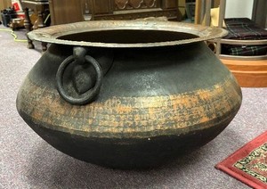 LARGE Early Antique Hammered Copper &amp Iron Cauldron #1
