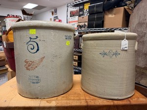 2 Antique Stoneware Crocks - Red Wing 5 Gallon Has Hairline