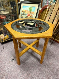Oak Side Table wAntique 1890s Iron Grate Top