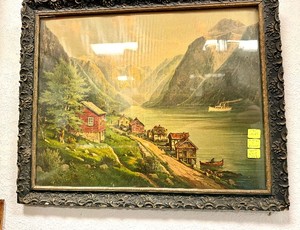 Very Nicely Framed Early 1900s Litho Print of River Valley Scene wBoat