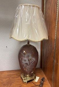 Hand Painted Signed Glass &amp Brass Table Lamp