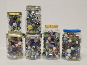6 Jars of Assorted Glass Marbles