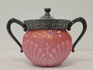Beautiful Antique Dated 1900 Enameled Pink Glass Biscuit Jar