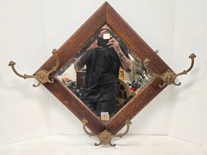 Antique Oak Diamond Shaped Hall Mirror w Hat or Coat Racks