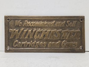 Old Vintage Heavy Solid Brass WINCHESTER Arms Advertising Plaque Sign