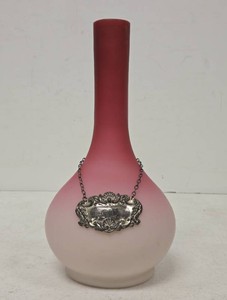 Antique Pink Bar Bottle w Hallmarked Sterling Silver Gin Tag