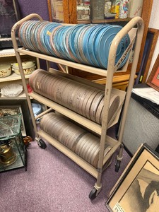 Large Lot of Vintage Films in Canisters - Includes Rolling Cart