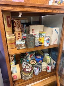 Contents of Oak Display Case - Advertising Candy Boxes Tins Cans etc