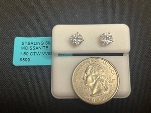 Moissanite Stud Earrings - Sterling Silver 1.60 CTW - $599 Retail Tag