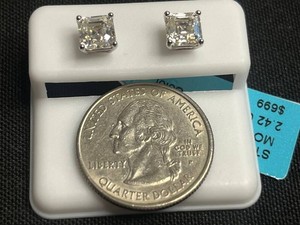 Square Moissanite Stud Earrings - Sterling Silver 2.42 CTW VVS D Color - $699 Retail Tag