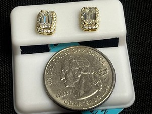 Rectangle w Gold Edging Moissanite Stud Earrings - Sterling Silver 1.80 CTW VVS D Color - $599 Retail Tag