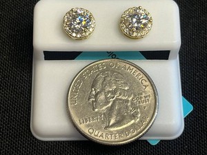 Round w Gold Edging Moissanite Stud Earrings - Sterling Silver 1.83 CTW VVS D Color - $599 Retail Tag