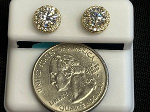 Round w Gold Edging Moissanite Stud Earrings - Sterling Silver 1.83 CTW - $599 Retail Tag