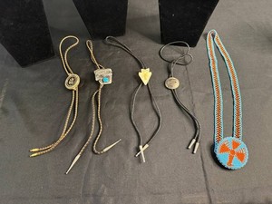 VTG Bolo Ties & Beaded Necklace Mixed Lot - One Turquoise & Red Coral