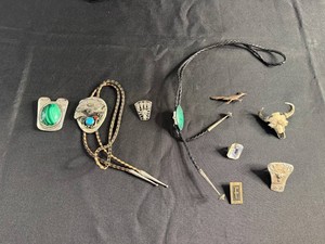 VTG Western Jewelry & Pins - Inc Navaho Style Turquoise & Red Coral Bolo Tie