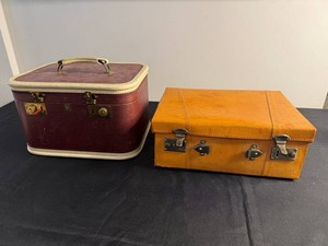 Vintage Suitcase Set - U.S. Trunk Co. & Tan Case (Lot of 2) One Filled w Bolo Ties for Jewelry Making