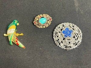 VTG Costume Jewelry Brooches - Enamel Parrot, Cabochon & Floral (Lot of 3)