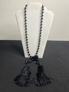 UNIQUE VTG Black Beaded Tassel Necklace Long Lariat Style