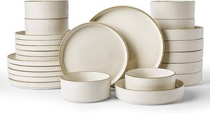 $190 Famiware Star Stoneware Dinnerware Sets with Pasta Bowls, 24pc Dishes for 6