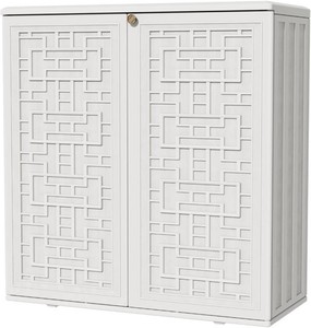 $181 KINYING Outdoor Storage Cabinet Waterproof, Resin 62 Gallon Deck Box for Patio Furniture Cushions, Garden Tools, Pool Tools and Kids Toys (Off White with 1 Shelving)