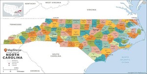 North Carolina Counties Map - Standard - 36 x 18.25 Laminated