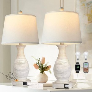 PARTPHONER Table Lamps Set of 2, Bedside Touch Lamp with USB CA Charging Ports, Side Table Lamp with White Fabric Shade (LED Bulbs Included)