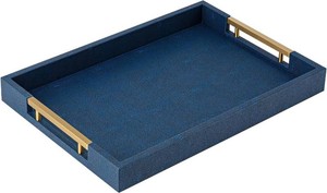 Navy Blue Faux Leather Serving Tray with Handles   Large Decorative Tray for Coffee Table, Ottoman, Living Room, Bathroom   Home Decor