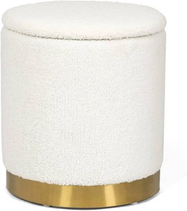 Round Ottoman with Storage, Small Vanity Stool with Storage, Teddy Velvet Upholstered Ottomans Foot Rest, White Boucle Footstool for Living Room Bedroom, Golden Trim