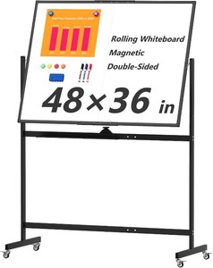 $120 Large Rolling Whiteboard on Wheels, 48 x 36 Double-Sided Mobile White Board with Stand, 4 x 3 Portable Standing Magnetic Dry Erase Board Easel for Home Office Classroom School, Black