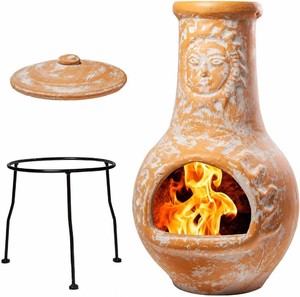 $155 Terracotta Chimenea Outdoor Fireplace, Clay Chiminea with Lid & Metal Stand
