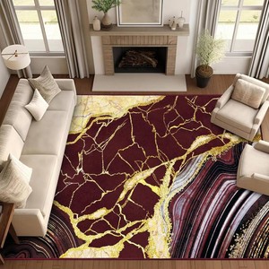 ASPMIZ Marble Area Rug 8x10 Washable Rugs for Living Room, Soft Faux Wool Red and Gold Bedroom Rugs Non Slip Modern Floor Carpet Low Profile Large Throw Rug for Dining Room Home Office Decor
