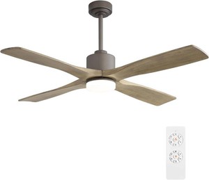 $230 WINGBO 48 Inch DC Ceiling Fan with Lights and Remote Control, 4 Carved Solid Wood Blades, 6-Speed Noiseless Reversible DC Motor, Modern Ceiling Fan in Graphite Finish with Gray Blades