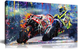 $140 CANEITO Motorcycle Wall Art Living Room, Graffiti Racer Picture Wall Painting Bedroom, Large Sports Canvas Print Posters Wall Decor for Man, 29 x 59 Inch