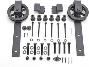 $113 Black Spoke Wheel Vintage Industrial Sliding Barn Door Hardware Kit 8FT Single Door