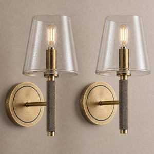 $298 12 Knurled Brass Wall Sconces Set of 2,Gold Bathroom Vanity Light Fixtures with Clear Seeded Glass Shade,Dimmable Hardwired Lamp Lighting for Bedroom,Living Room,Hallway,Staircase,Mirror