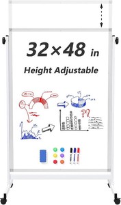 Large Rolling Whiteboard on Wheels, 48 x 32 Height Adjustable Mobile White Board with Stand, Portable Standing Magnetic Dry Erase Board Easel for Home Office Classroom School, Silver