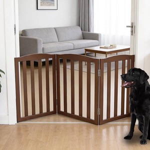 ZJSF Foldable Freestanding Indoor Dog Gate for House Wood White Long Pet Gates Dog Fence for Stairs Puppy Gates for Hallways, Puppy Gate,Support Feet Included, Brown, 24 Height-3 Panels