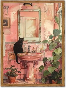 Framed Funny Bathroom Black Cat Wall Art, Vintage Cute Cat on Sink Pictures Wall Decor, Humor Animal Watercolor Paintings Canvas Prints for Restroom 24x16 inch