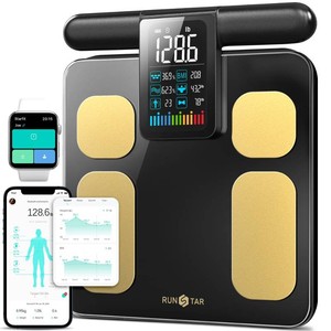 $197 RunStar 8-Electrode Rechargeable Smart Scale for Body Weight with 4.1 Color Screen Handle, APP Sync 50 Body Metrics, 400lb, BlackGold