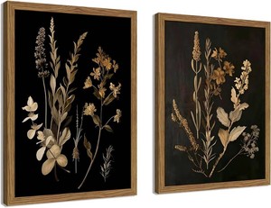 2Pcs Framed Vintage Moody Botanical Canvas Wall Art, Dark Academia Floral Decor, Antique Wildflower Gallery Paintings Prints for Living Room Bedroom Office 16x12 Inch
